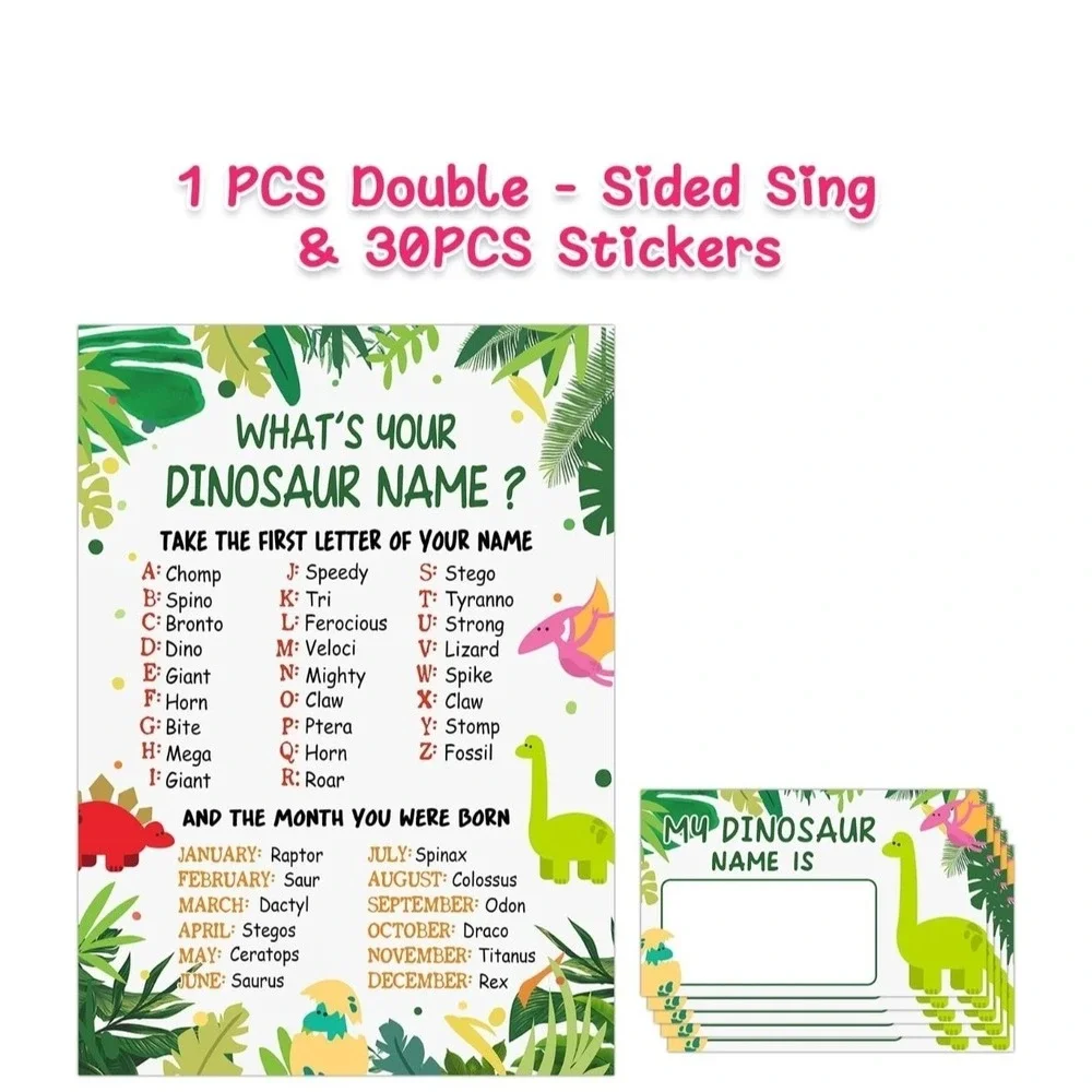 Your Dinosaur Name Game, Game Sign and 30 Cards, Dinosaur Birthday Party